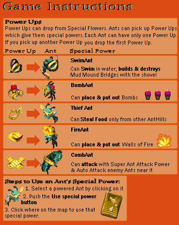 The original's game instructions: power-ups and the five special ants